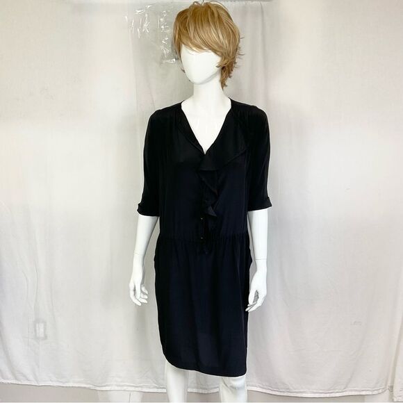 NEW Gerard Darel Black 100% Silk Victorian Ruffle Neck Cocktail Midi Dress 6 - Picture 3 of 15